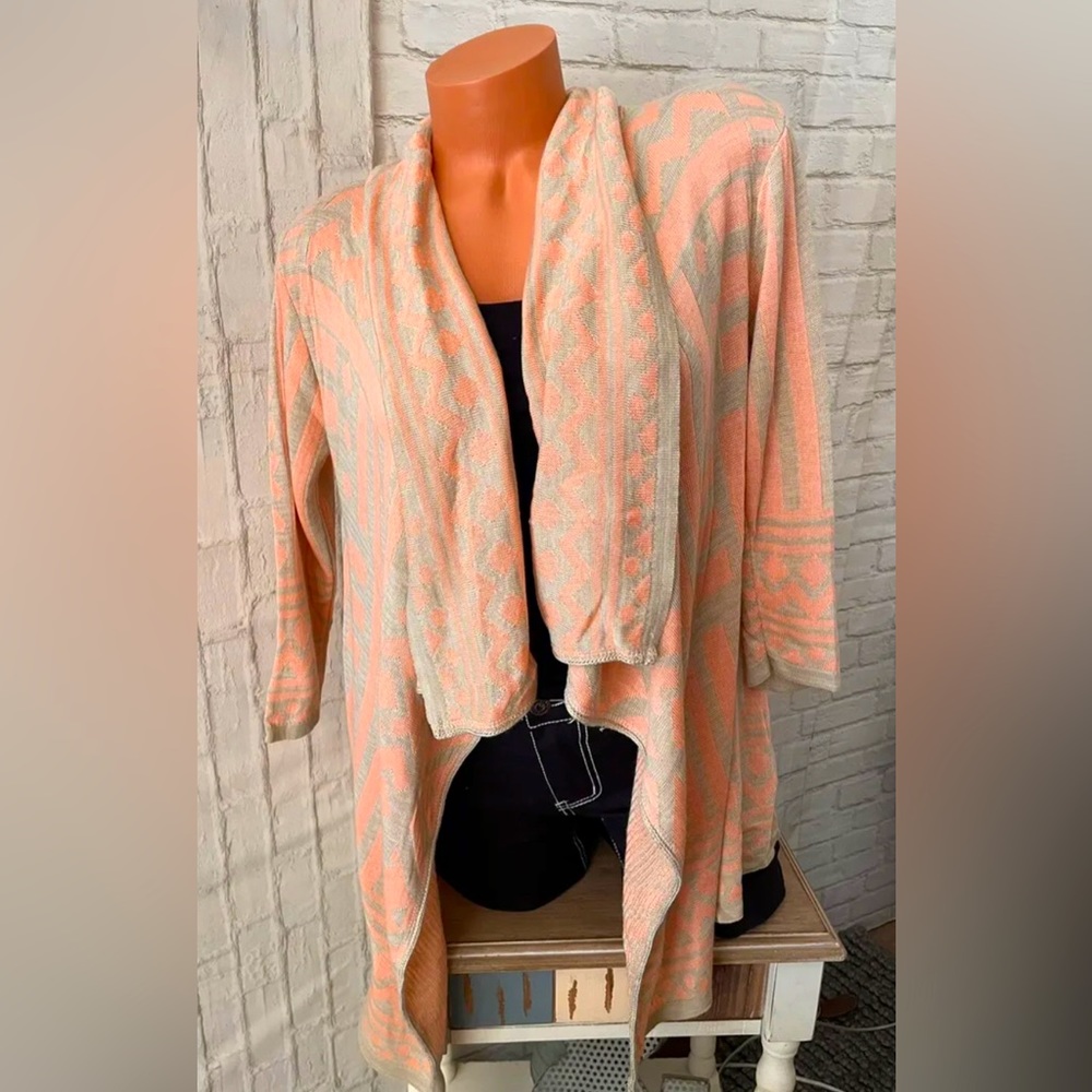 Women’s DEB Aztec Open Front Cardigan Coral/Taupe Sz L NEW